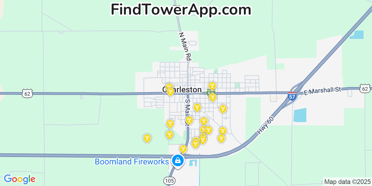 Map showing the 20 primary cell tower locations detected in Charleston, Missouri from AT&T, Verizon, and T-Mobile networks