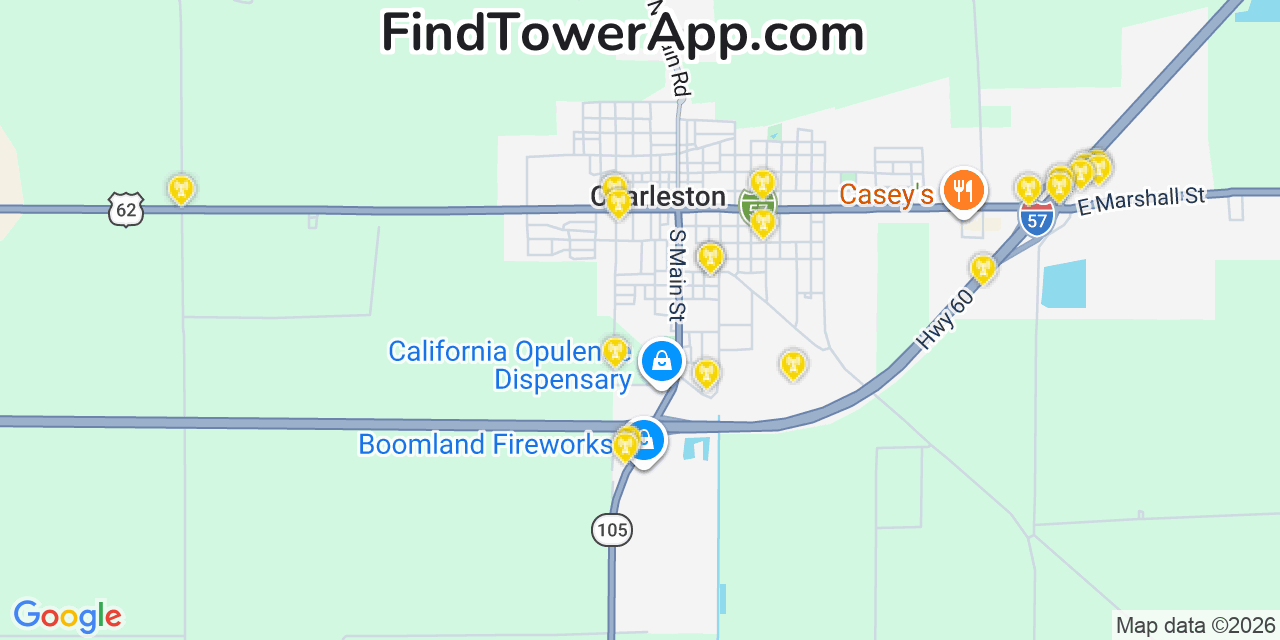 Map showing the 20 primary cell tower locations detected in Charleston, Missouri from AT&T, Verizon, and T-Mobile networks
