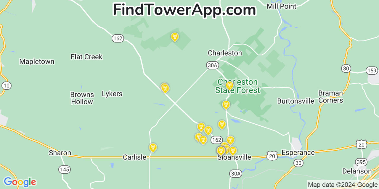 AT&T 4G/5G cell tower coverage map Charleston, New York