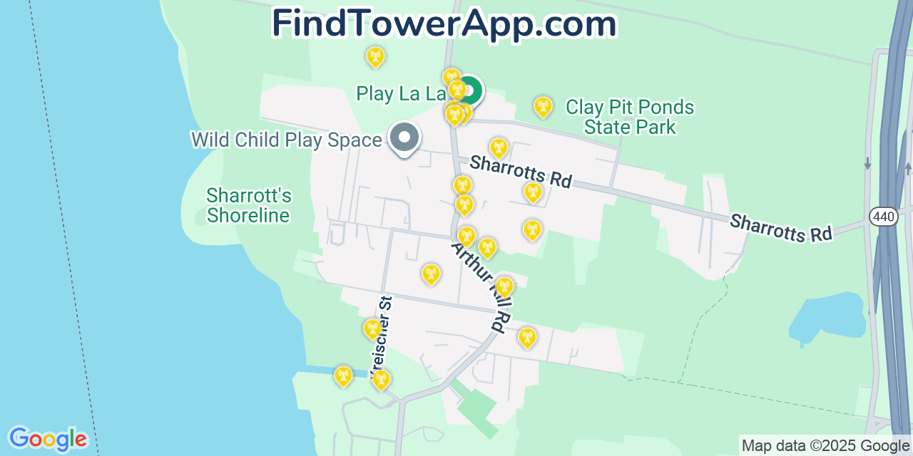 Map showing the 20 primary cell tower locations detected in Charleston, New York from AT&T, Verizon, and T-Mobile networks