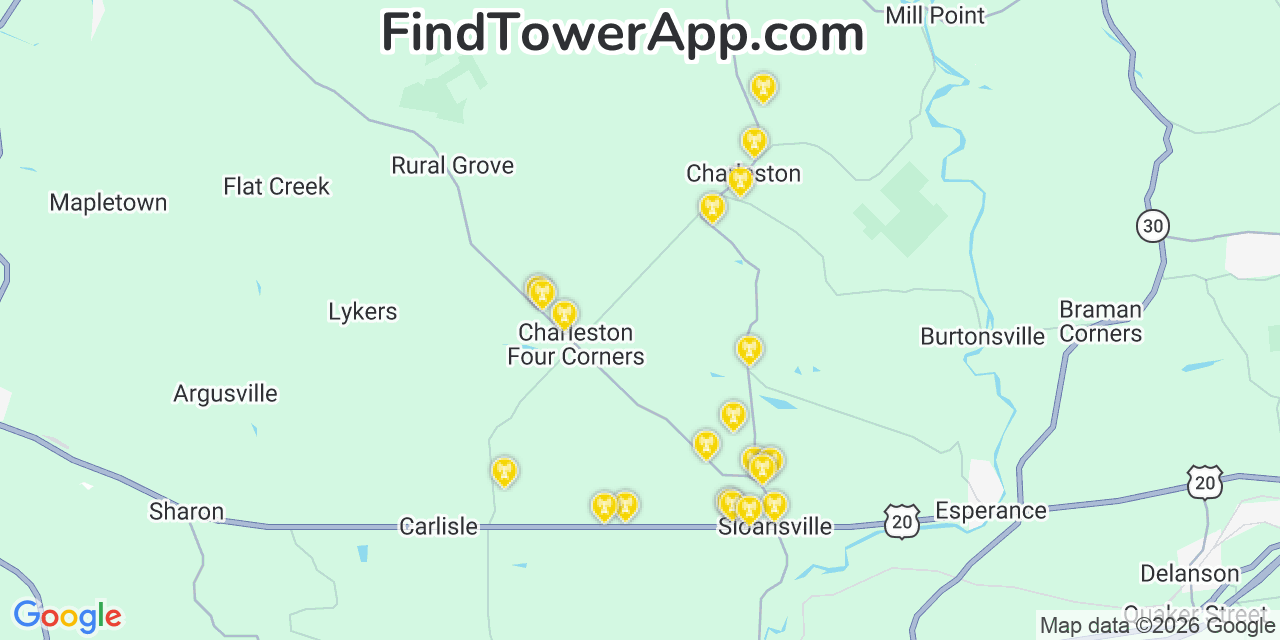 Map showing the 20 primary cell tower locations detected in Charleston, New York from AT&T, Verizon, and T-Mobile networks
