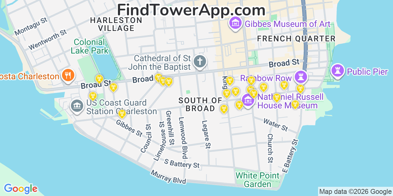 Map showing the 20 primary cell tower locations detected in Charleston, South Carolina from AT&T, Verizon, and T-Mobile networks