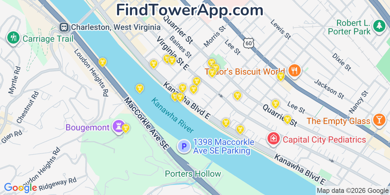 Map showing the 20 primary cell tower locations detected in Charleston, West Virginia from AT&T, Verizon, and T-Mobile networks