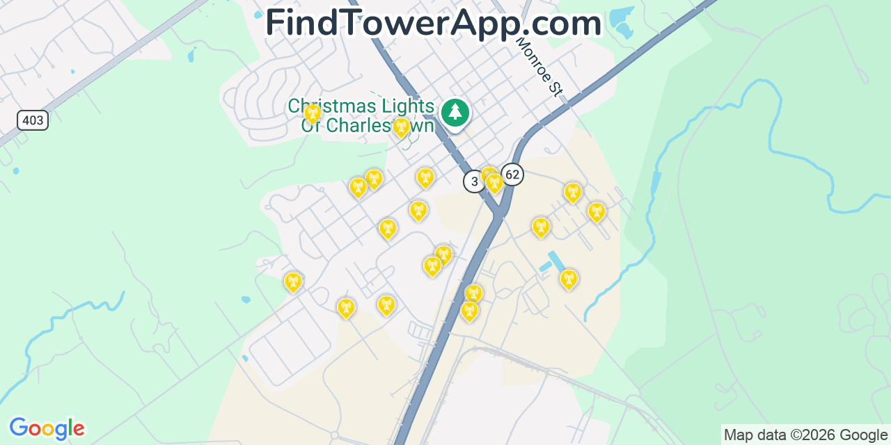Map showing the 20 primary cell tower locations detected in Charlestown, Indiana from AT&T, Verizon, and T-Mobile networks