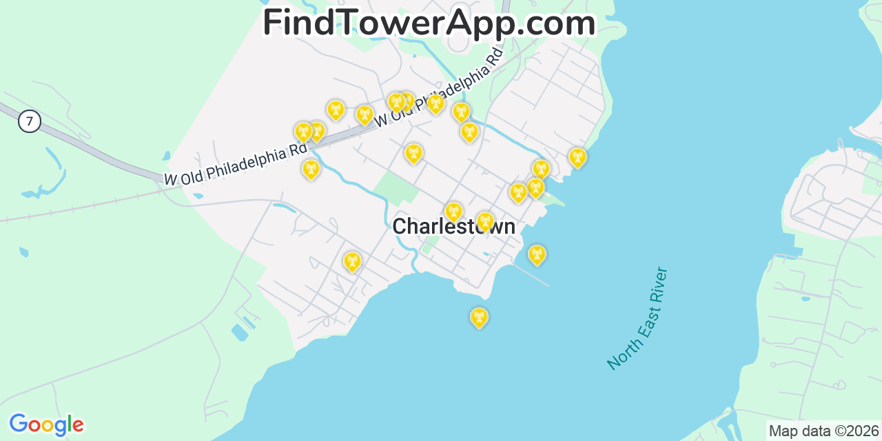 Map showing the 20 primary cell tower locations detected in Charlestown, Maryland from AT&T, Verizon, and T-Mobile networks