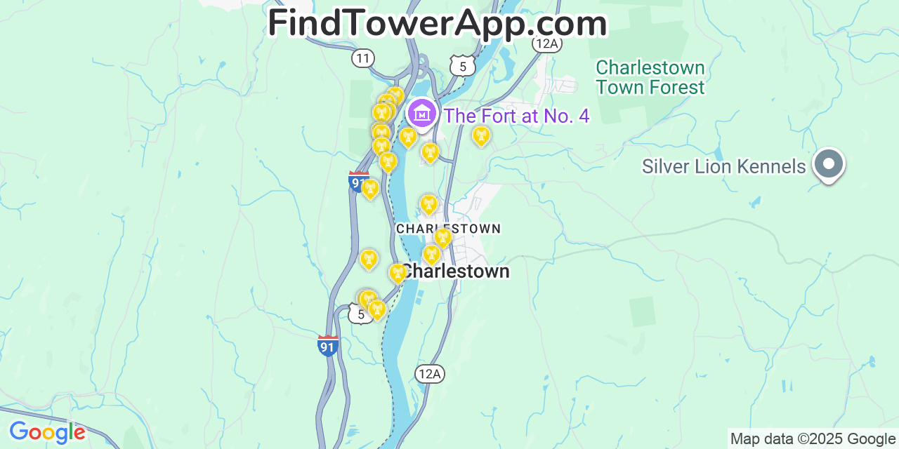 Map showing the 20 primary cell tower locations detected in Charlestown, New Hampshire from AT&T, Verizon, and T-Mobile networks