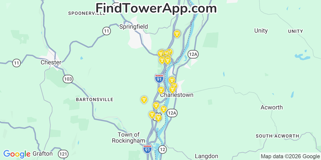 Map showing the 20 primary cell tower locations detected in Charlestown, New Hampshire from AT&T, Verizon, and T-Mobile networks