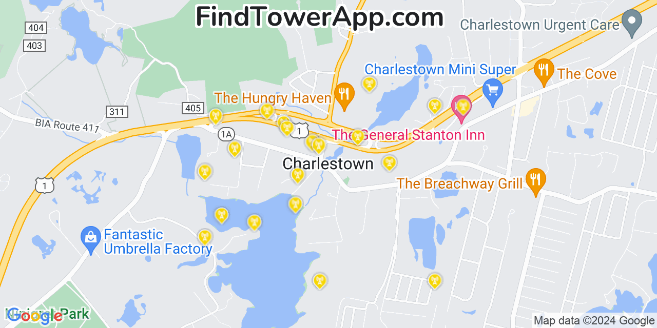 AT&T 4G/5G cell tower coverage map Charlestown, Rhode Island