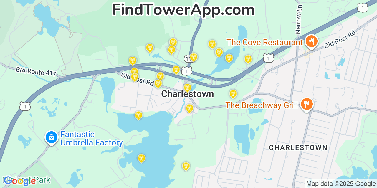 Map showing the 20 primary cell tower locations detected in Charlestown, Rhode Island from AT&T, Verizon, and T-Mobile networks