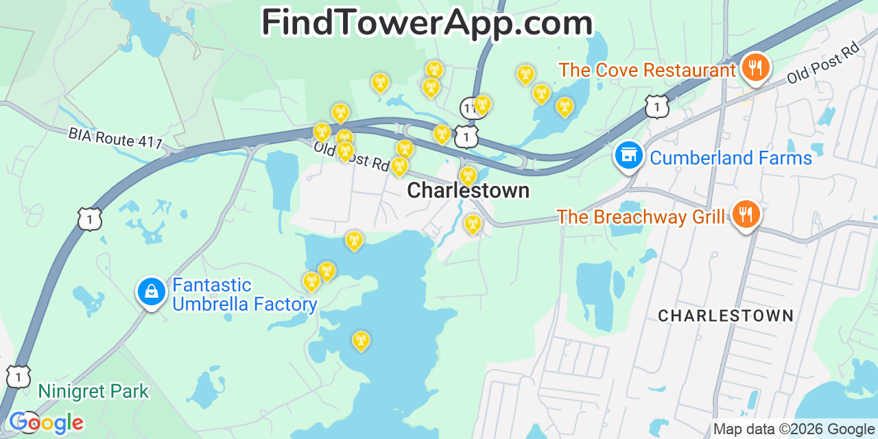 Map showing the 20 primary cell tower locations detected in Charlestown, Rhode Island from AT&T, Verizon, and T-Mobile networks