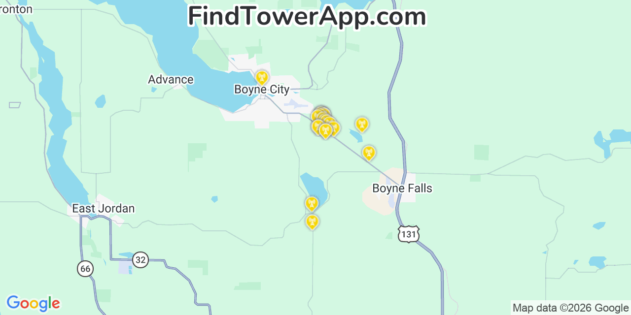 Map showing the 20 primary cell tower locations detected in Charlevoix, Michigan from AT&T, Verizon, and T-Mobile networks