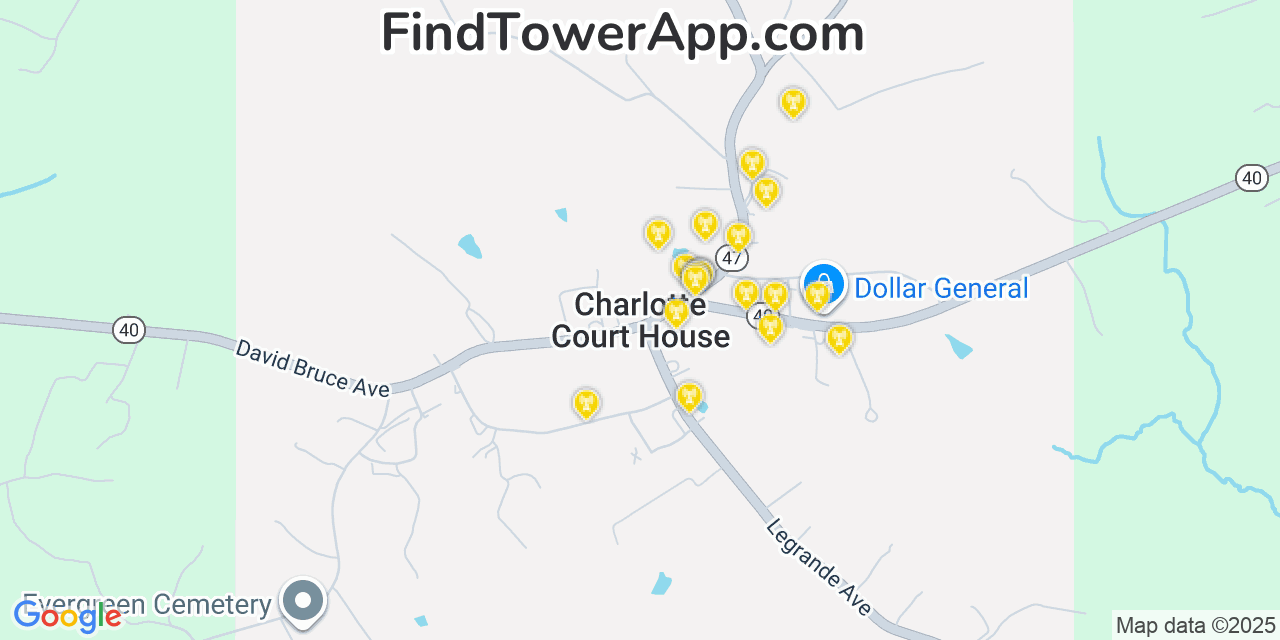 Map showing the 20 primary cell tower locations detected in Charlotte Court House, Virginia from AT&T, Verizon, and T-Mobile networks