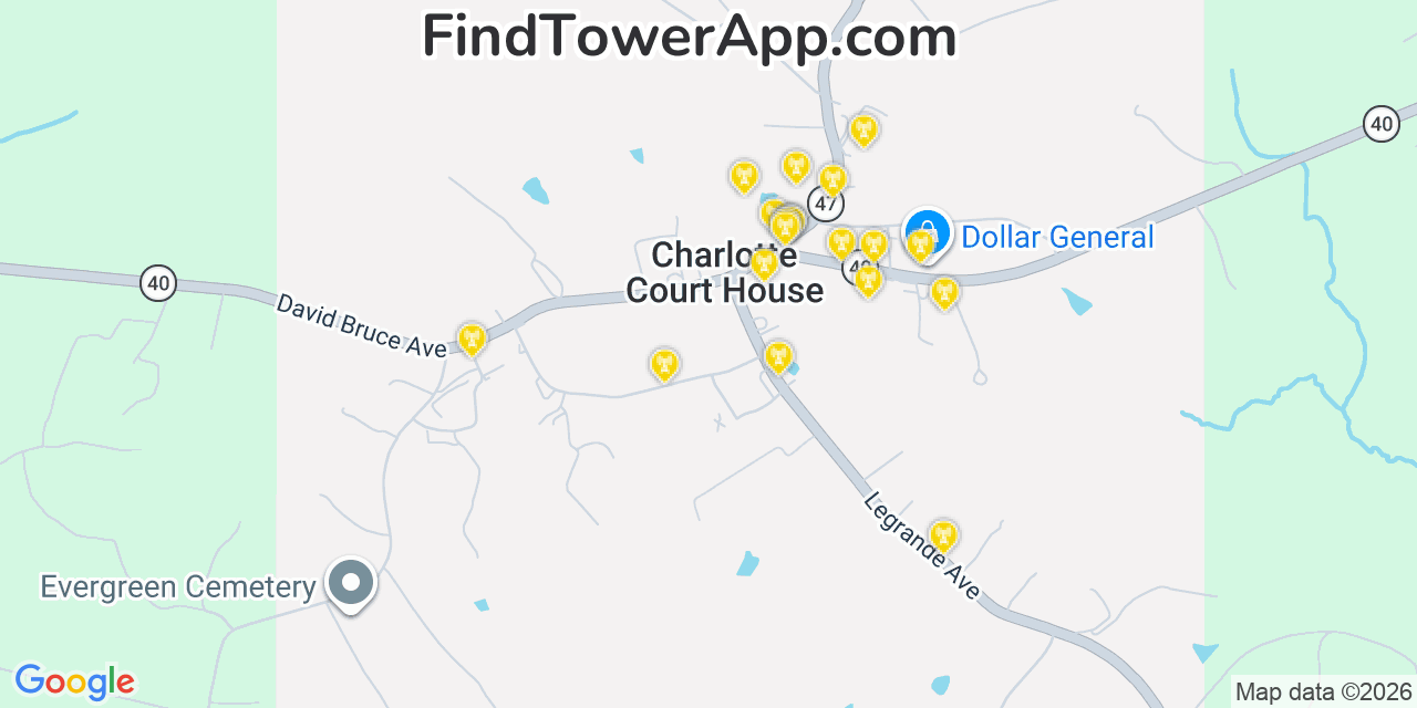 Map showing the 20 primary cell tower locations detected in Charlotte Court House, Virginia from AT&T, Verizon, and T-Mobile networks