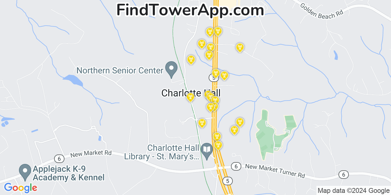 AT&T 4G/5G cell tower coverage map Charlotte Hall, Maryland