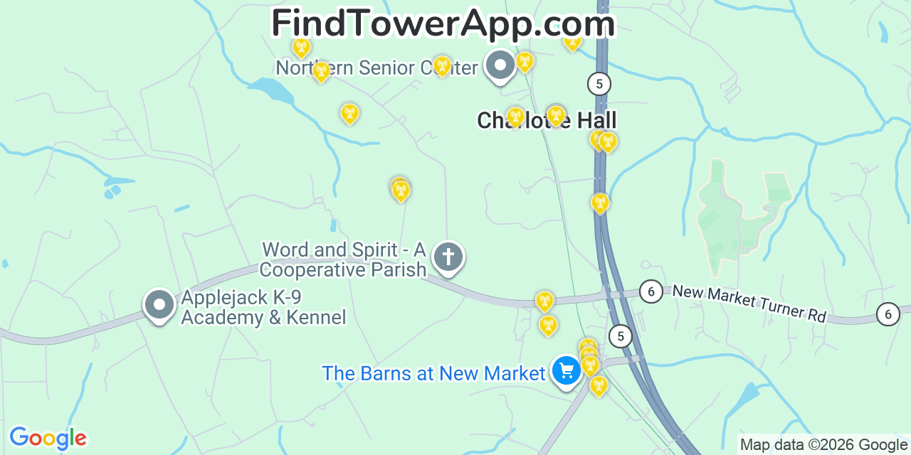 Map showing the 20 primary cell tower locations detected in Charlotte Hall, Maryland from AT&T, Verizon, and T-Mobile networks