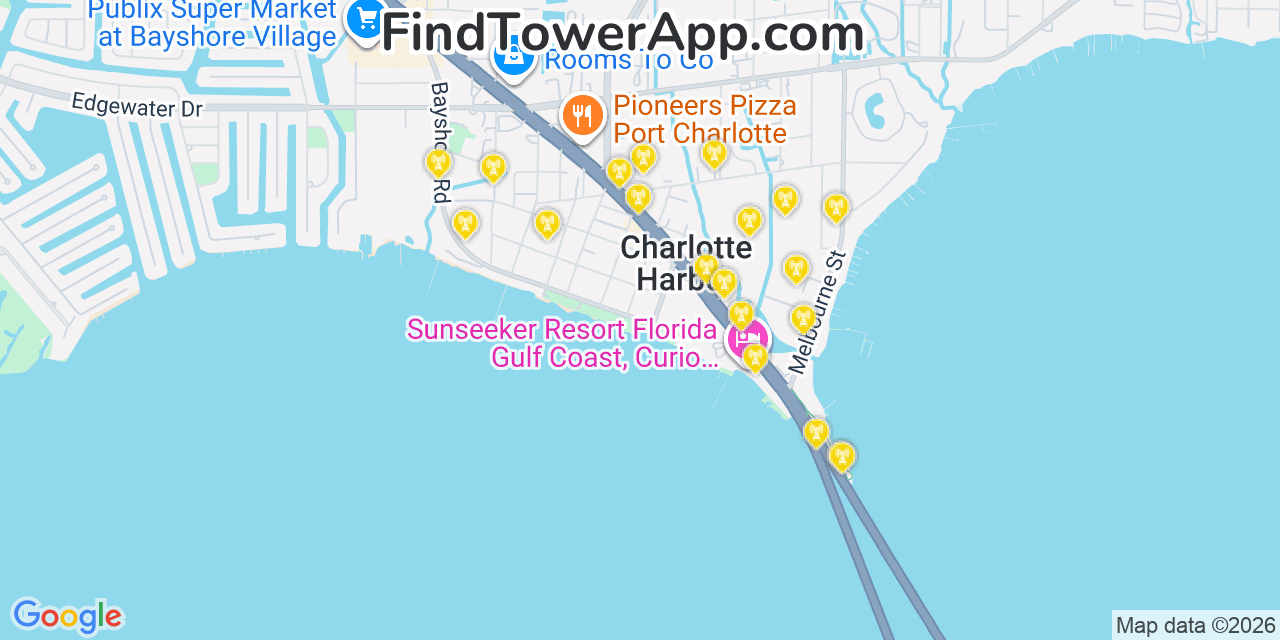 Map showing the 20 primary cell tower locations detected in Charlotte Harbor, Florida from AT&T, Verizon, and T-Mobile networks
