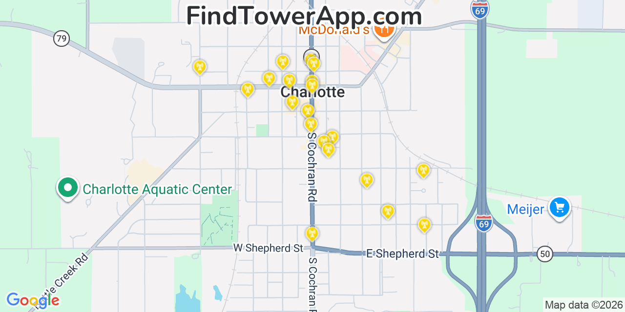 Map showing the 20 primary cell tower locations detected in Charlotte, Michigan from AT&T, Verizon, and T-Mobile networks