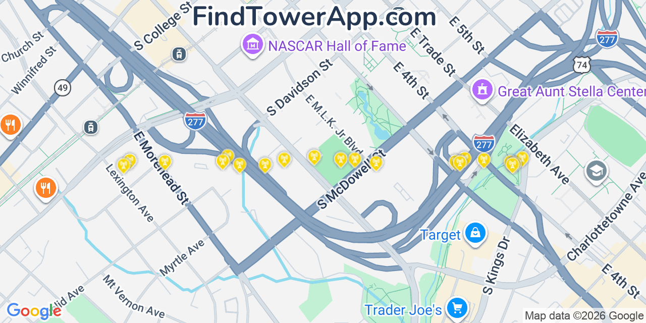 Map showing the 20 primary cell tower locations detected in Charlotte, North Carolina from AT&T, Verizon, and T-Mobile networks
