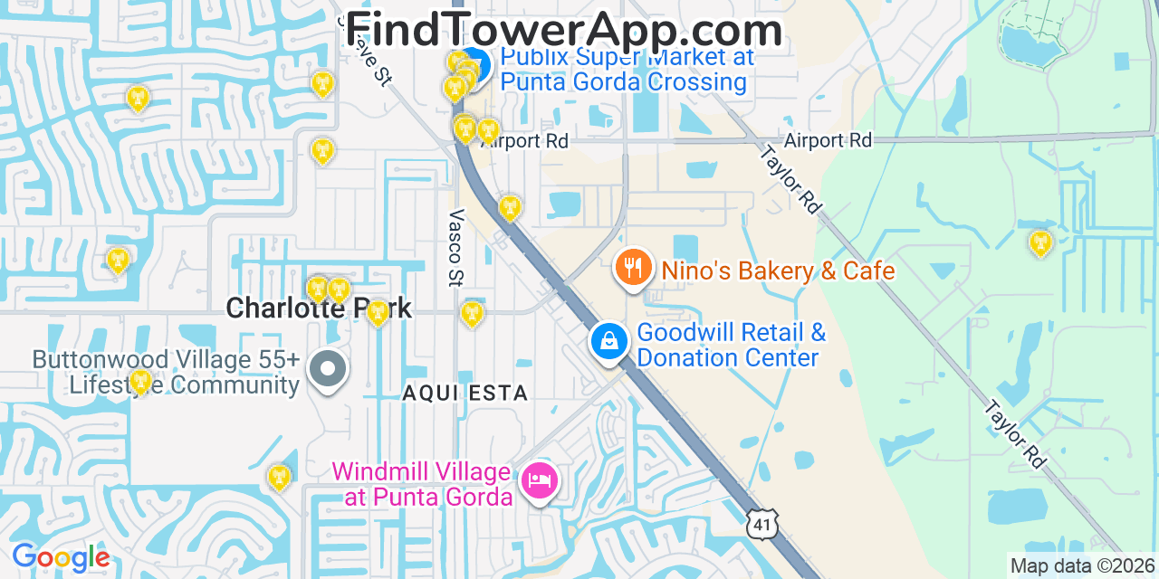 Map showing the 20 primary cell tower locations detected in Charlotte Park, Florida from AT&T, Verizon, and T-Mobile networks