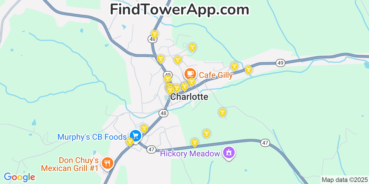 Map showing the 20 primary cell tower locations detected in Charlotte, Tennessee from AT&T, Verizon, and T-Mobile networks