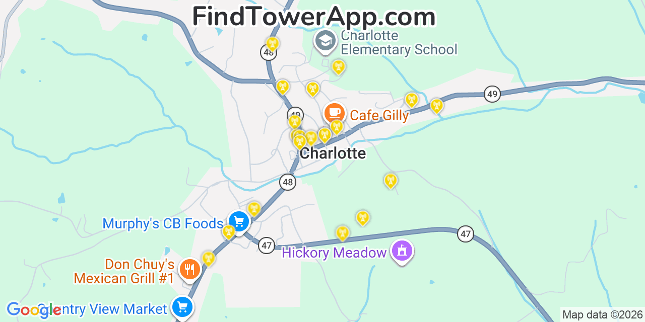 Map showing the 20 primary cell tower locations detected in Charlotte, Tennessee from AT&T, Verizon, and T-Mobile networks