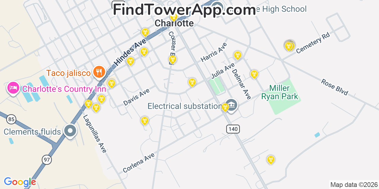 Map showing the 20 primary cell tower locations detected in Charlotte, Texas from AT&T, Verizon, and T-Mobile networks