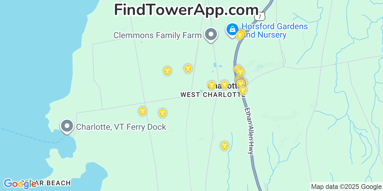 Map showing the 20 primary cell tower locations detected in Charlotte, Vermont from AT&T, Verizon, and T-Mobile networks