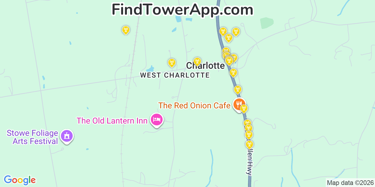 Map showing the 20 primary cell tower locations detected in Charlotte, Vermont from AT&T, Verizon, and T-Mobile networks