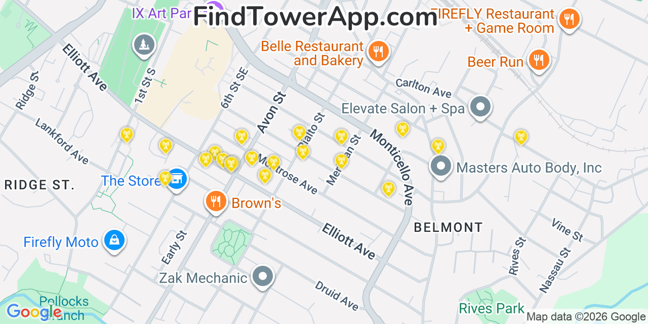Map showing the 20 primary cell tower locations detected in Charlottesville, Virginia from AT&T, Verizon, and T-Mobile networks