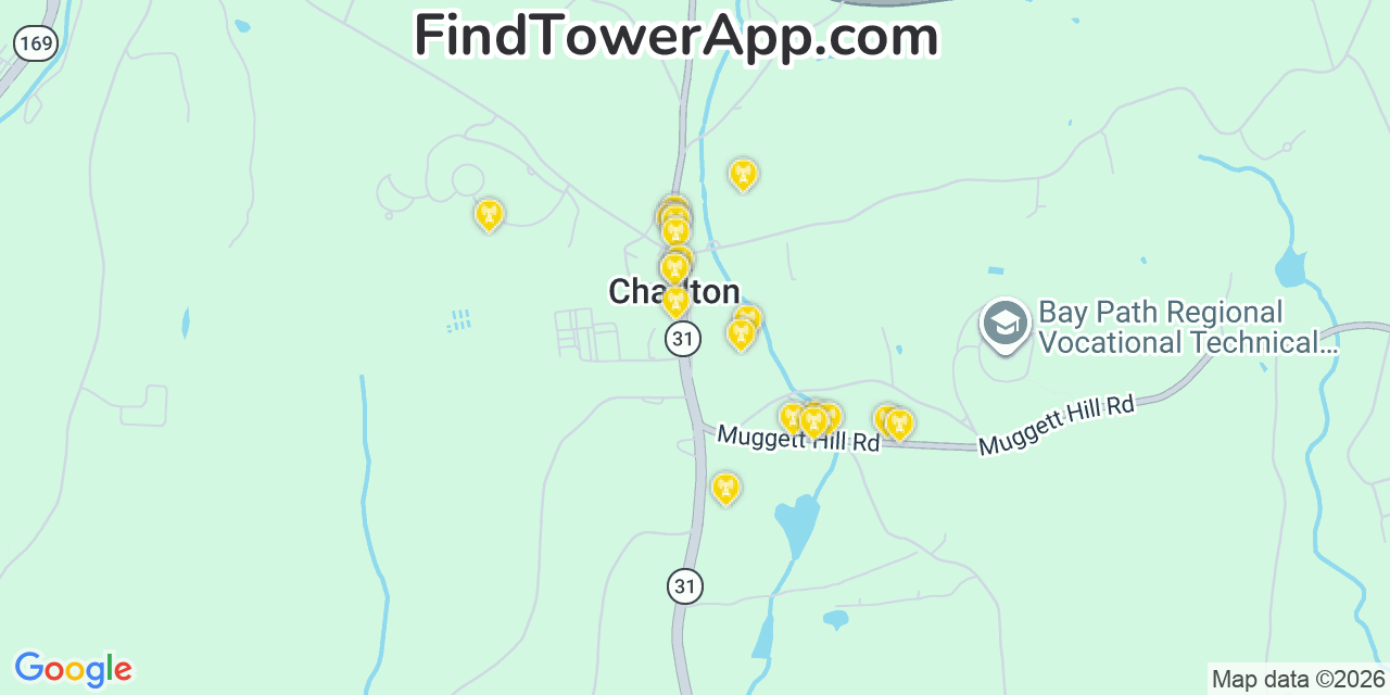 Map showing the 20 primary cell tower locations detected in Charlton, Massachusetts from AT&T, Verizon, and T-Mobile networks