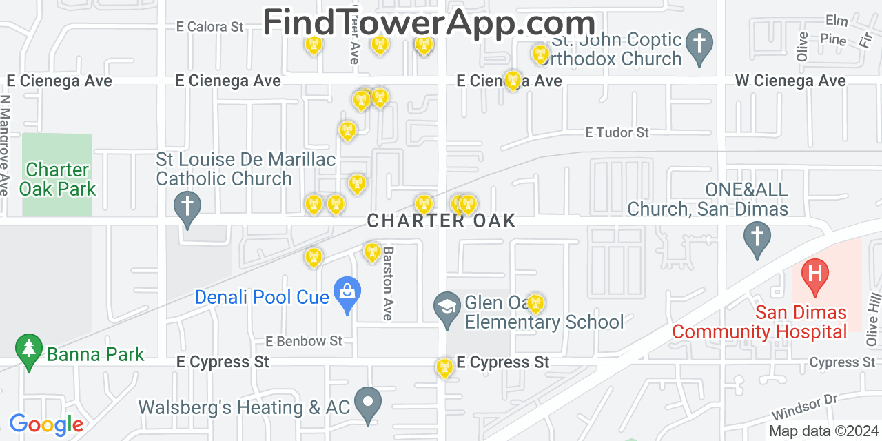 AT&T 4G/5G cell tower coverage map Charter Oak, California