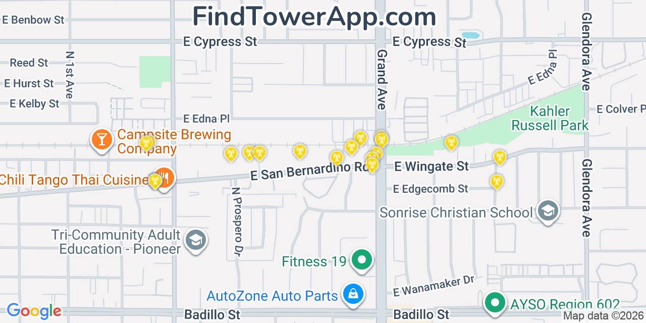Map showing the 20 primary cell tower locations detected in Charter Oak, California from AT&T, Verizon, and T-Mobile networks