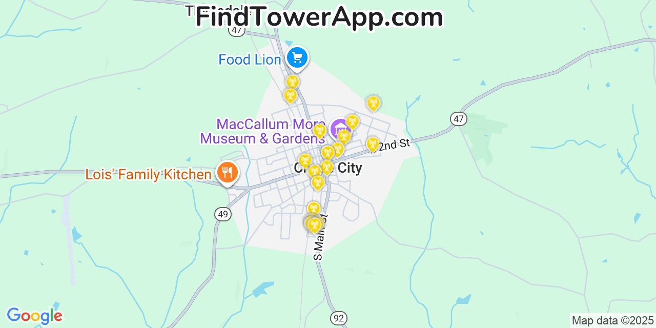 Map showing the 20 primary cell tower locations detected in Chase City, Virginia from AT&T, Verizon, and T-Mobile networks