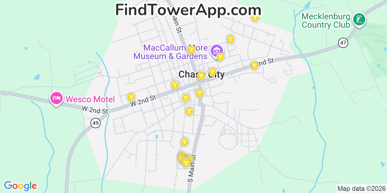 Map showing the 20 primary cell tower locations detected in Chase City, Virginia from AT&T, Verizon, and T-Mobile networks