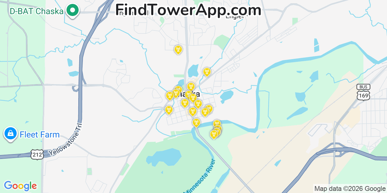 Map showing the 20 primary cell tower locations detected in Chaska, Minnesota from AT&T, Verizon, and T-Mobile networks