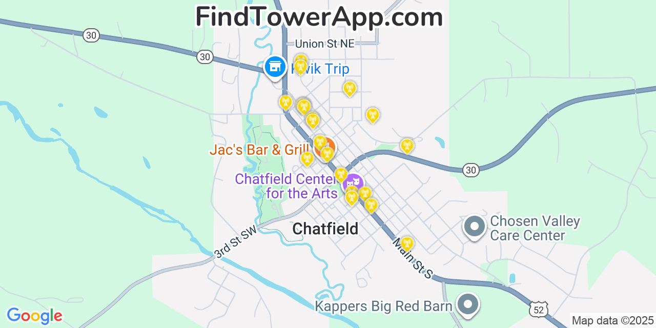 Map showing the 20 primary cell tower locations detected in Chatfield, Minnesota from AT&T, Verizon, and T-Mobile networks