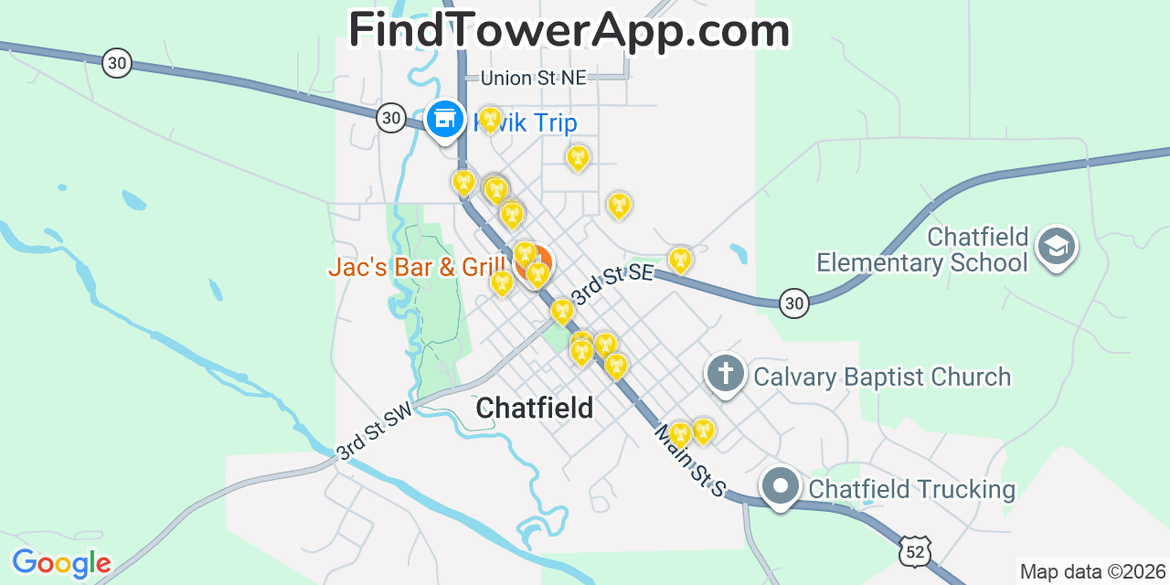 Map showing the 20 primary cell tower locations detected in Chatfield, Minnesota from AT&T, Verizon, and T-Mobile networks