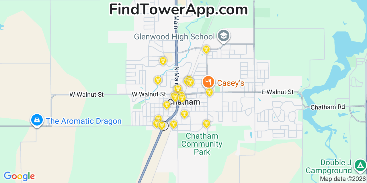 Map showing the 20 primary cell tower locations detected in Chatham, Illinois from AT&T, Verizon, and T-Mobile networks