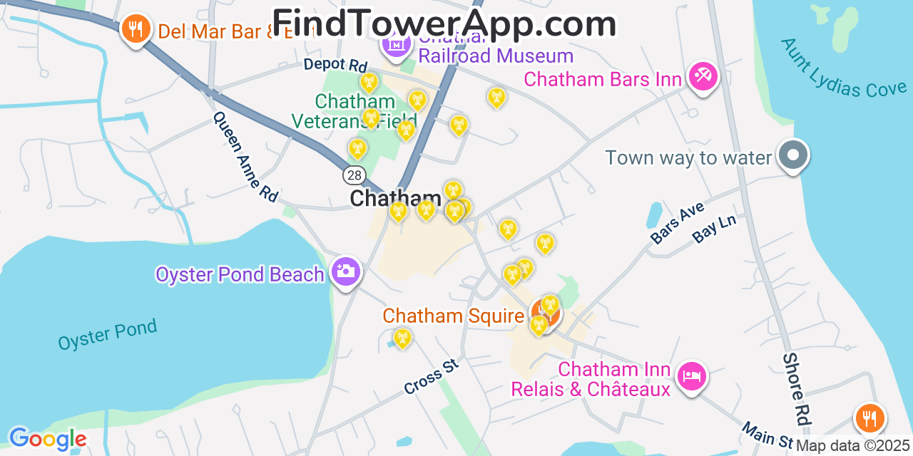 Map showing the 20 primary cell tower locations detected in Chatham, Massachusetts from AT&T, Verizon, and T-Mobile networks