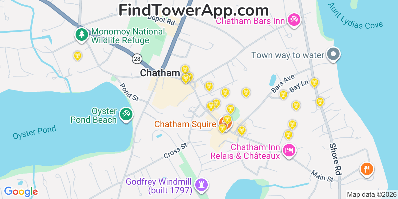 Map showing the 20 primary cell tower locations detected in Chatham, Massachusetts from AT&T, Verizon, and T-Mobile networks