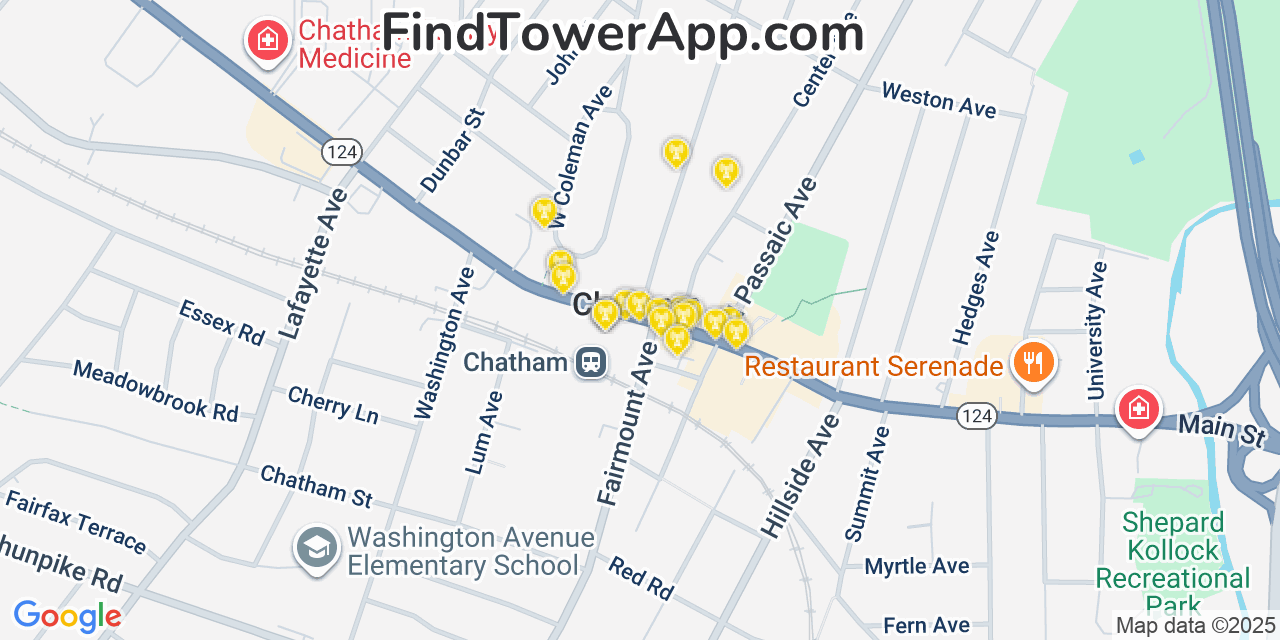 Map showing the 20 primary cell tower locations detected in Chatham, New Jersey from AT&T, Verizon, and T-Mobile networks