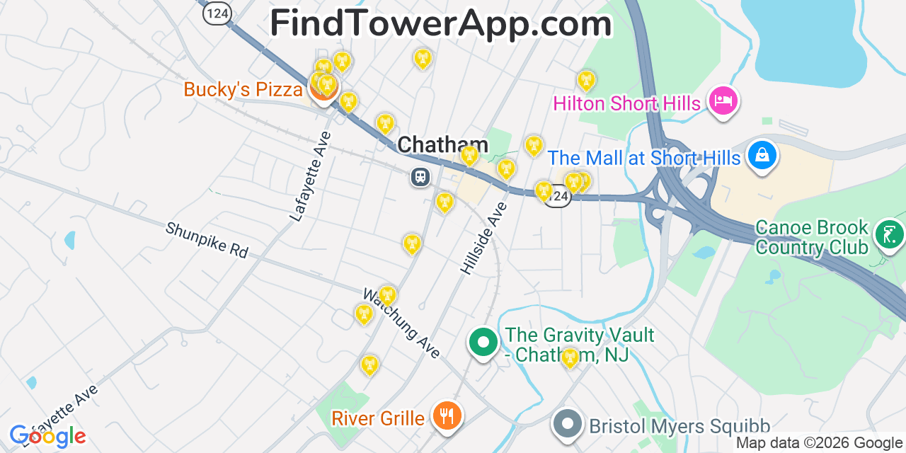 Map showing the 20 primary cell tower locations detected in Chatham, New Jersey from AT&T, Verizon, and T-Mobile networks