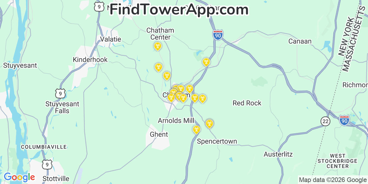 Map showing the 20 primary cell tower locations detected in Chatham, New York from AT&T, Verizon, and T-Mobile networks