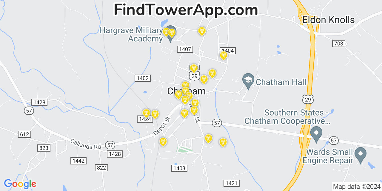 AT&T 4G/5G cell tower coverage map Chatham, Virginia