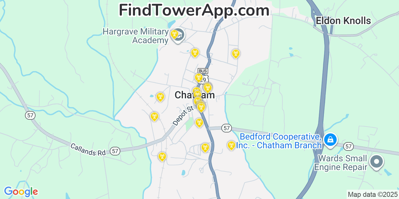 Map showing the 20 primary cell tower locations detected in Chatham, Virginia from AT&T, Verizon, and T-Mobile networks