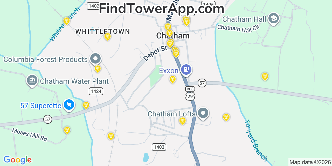 Map showing the 20 primary cell tower locations detected in Chatham, Virginia from AT&T, Verizon, and T-Mobile networks