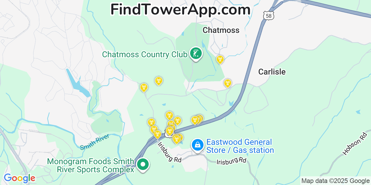 Map showing the 20 primary cell tower locations detected in Chatmoss, Virginia from AT&T, Verizon, and T-Mobile networks