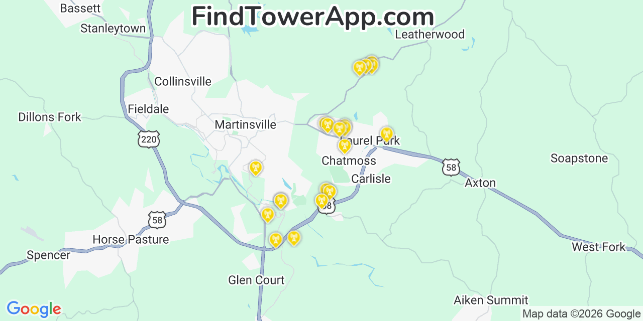 Map showing the 20 primary cell tower locations detected in Chatmoss, Virginia from AT&T, Verizon, and T-Mobile networks