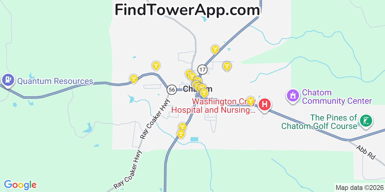 Map showing the 20 primary cell tower locations detected in Chatom, Alabama from AT&T, Verizon, and T-Mobile networks
