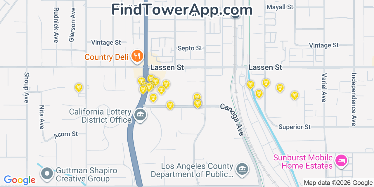 Map showing the 20 primary cell tower locations detected in Chatsworth, California from AT&T, Verizon, and T-Mobile networks